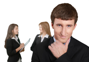 Young businessman and women working together in office isolated on white background