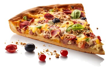 Pizza slice with food pieces around it isolated on white background Generative AI