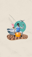 Smiling man in striped swimsuit sitting on fitness ball on beach and drinking cocktail. Long-awaited vacation. Contemporary art. Concept of summertime holidays, inspiration, travel. Vertical layout