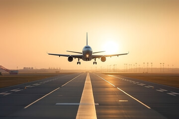 the airplane starts to take off on the runway of the airport against the backdrop of sunset