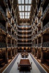 Breathtaking wide-angle photograph of the interior of an old library, capturing the cozy seating areas and the warmth of the sunbeam shining through the window. Created with generative A.I.