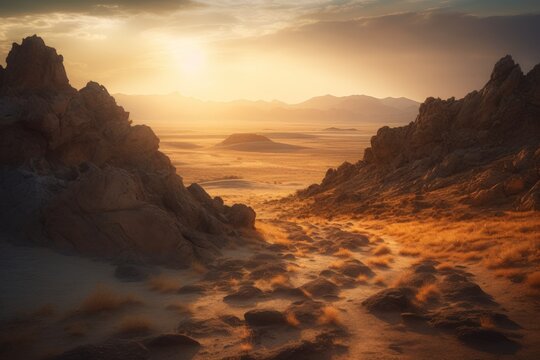 Stunning photograph of a rugged desert landscape, showcasing the vastness and arid expanse of the desert and its stark beauty. Created with generative A.I. technology.