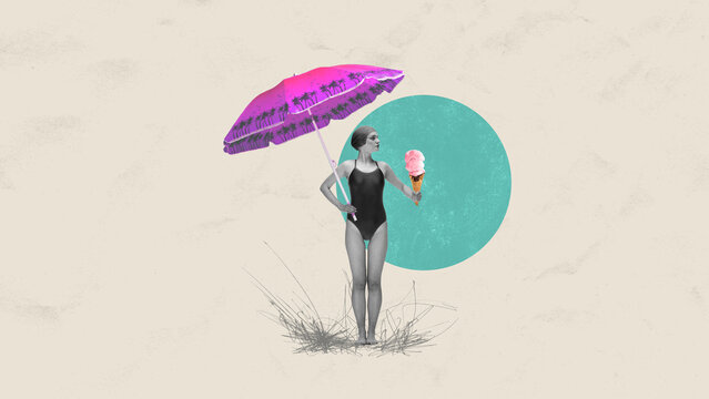 Young girl in swimsuit and swimming cap standing under sun umbrella and eating ice cream over pastel background. Contemporary art collage. Concept of summertime holidays, inspiration, travel, vacation
