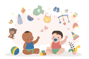 Multiethnic newborn babies sitting on carpet. Various icons, toys and items above them. Childhood, infant characters kids games, funny little multicultural kids
