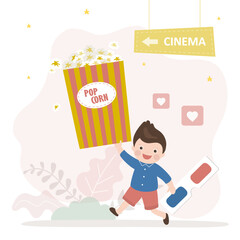 Caucasian boy holds popcorn and glasses and goes to the cinema. A preschooler wants to watch movie in 3D format. Pastime, enjoying new movie. Happy male character.