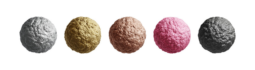 Object sphere material metal,silver, gold, copper, pink gold and black gold rough surface shiny. Precious mineral sphere natural raw material. PNG file. 3D Illustration.