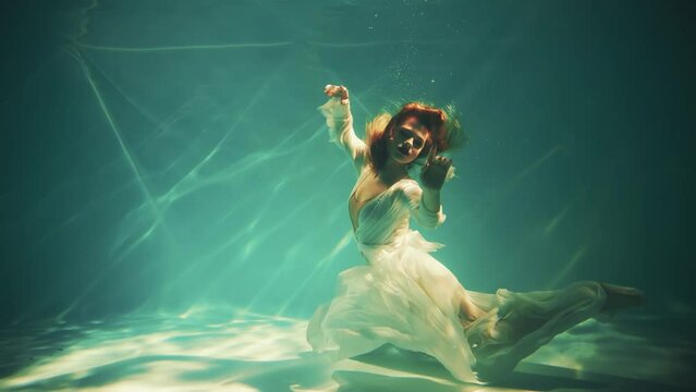 Fantasy woman drowns under dark blue water falls to bottom sea. Wet white silk long dress fairy girl goddess river nymph mermaid swims immersed. Fashion model posing Creative underwater video pool 4k