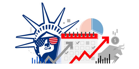 Concept of the united states of America financial investment bull run, bank deposit, profit finance management, the statue of Liberty, and calendar. Up arrow graph for the increase in rates.  © MimiAhmed