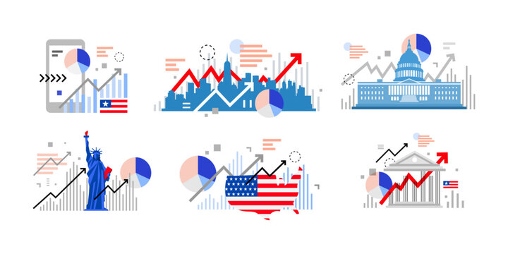 Concept collection of united states of America financial data growth, stockmarket flat illustration with statue of liberty, USA map and flag, white house, bank, and New York cityscape. 