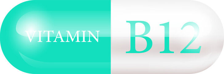 Capsule vitamin B12 (Thiamine) structure green, white. Vitamin complex with chemical formula. Drug business concept. Personal care, beauty concept. 3D Vector Illustration. Cut out PNG