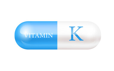Capsule vitamin K (Thiamine) structure Blue, white. 3D Vitamin complex with chemical formula. Cut out PNG. Personal care, beauty concept. Vector Illustration. transparent capsule pill. Drug business.
