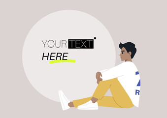 A daily life scene of a young Caucasian character sitting casually on the floor and hugging their knee