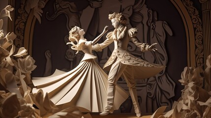 Fototapeta na wymiar paper craft illustration of a couple lover dance together in ballroom, Generative Ai