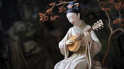 Fototapeta na wymiar ancient Chinese musician woman playin guitar in garden, Generative Ai
