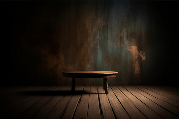 Empty table on dark background wall, perfect for product placement montage. created with Generative AI