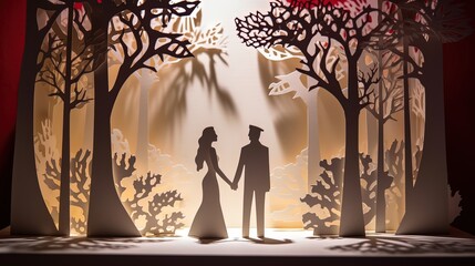 paper craft illustration of couple lover walking together under tree shade in garden, Generative Ai