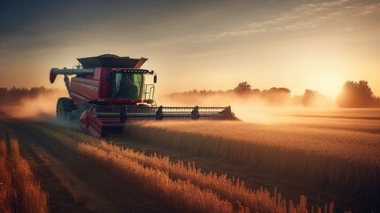 Fototapeta premium Combine harvester driving through a beautiful rye field. Generative AI