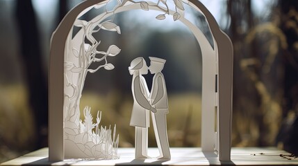 paper craft illustration of a couple lover kissing at garden under tree shade, Generative Ai