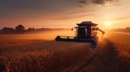 Fototapeta premium Combine harvester driving through a beautiful rye field. Generative AI