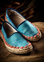 pair of female espadrilles outdoor at beach, close up, footwear , summer fashion detail , generative ai