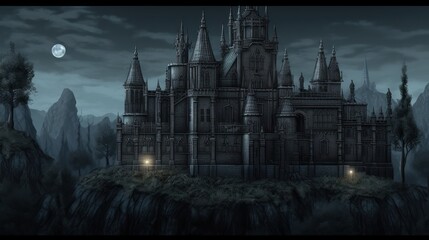 Gothic horror world with dark castle, crypts, and haunted forests