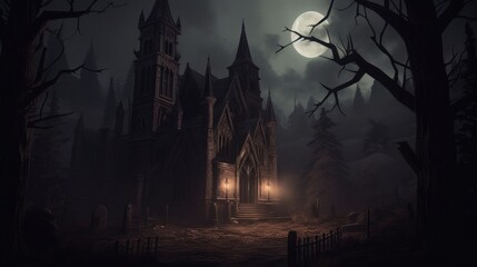 Obraz premium Gothic horror world with dark castle, crypts, and haunted forests