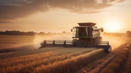 Fototapeta premium Combine harvester driving through a beautiful rye field. Generative AI