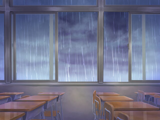 雨が降る日の教室 - obrazy, fototapety, plakaty