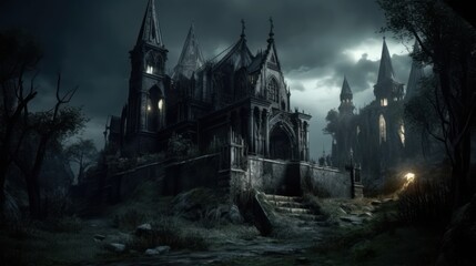 Gothic horror world with dark castle, crypts, and haunted forests