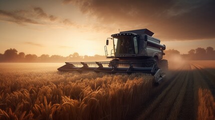 Fototapeta premium Combine harvester driving through a beautiful rye field. Generative AI