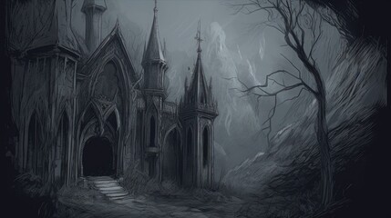 Obraz premium Gothic horror world with dark castle, crypts, and haunted forests