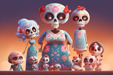 Sugar Skull cartoon family portrait. Dia de los muertos. Day of The Dead. Digital 3D illustration. Holiday Party Decoration Banner Invitation. Traditional Mexican culture festival . AI generative