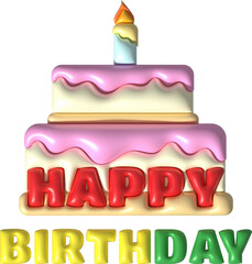 illustration 3d. happy birthday word icon and cake