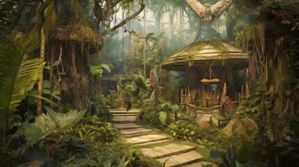 Obraz premium World inspired by the Amazon rainforest, with lush greenery, exotic wildlife, and tribal communities