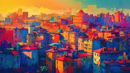 illustration of aerial view of cityscape at twilight time, idea for home wall decor, Generative Ai