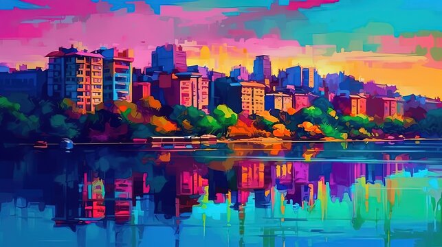 illustration of cityscape at riverside at twilight evening, idea for home wall decor, Generative Ai © QuietWord
