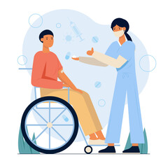 Immunization people with disabilities. Nurse applies cotton to intravenous shot given disabled man