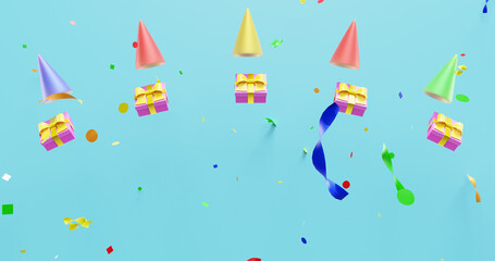 Falling colorful confetti and gift caps on a blue background. 3d rendering