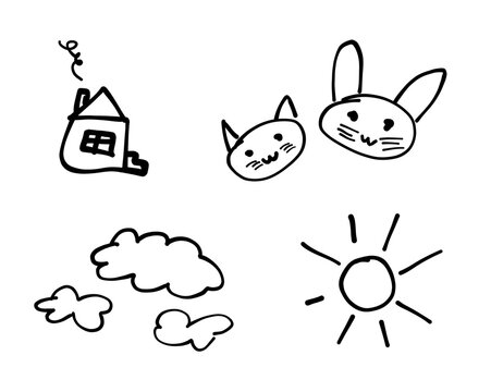 Doodle Scribble Cute, Kid Drawings. Kitten, rabbit, sun, cloud and house cosy pencil, pen or marker hand drawn child icons (Full Vector)