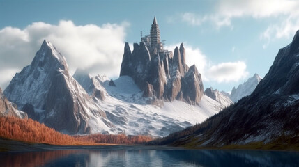 Snow-capped mountains between the castle. generative ai