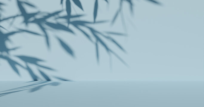 Blurred shadows of foliage silhouettes on a blue wall. 3d rendering
