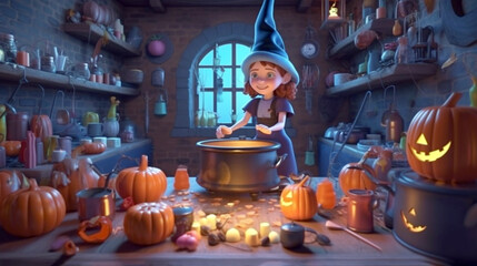 Girl witch make magic potion in cauldron. fantasy of wizard interior with boiling pot. generative ai