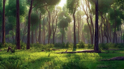Summer forest panorama trees and grass on glade.garden landscape with green plants. generative ai