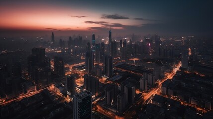 city skyline at night and dusk: "Skyline Symphony" Created using generative AI.
