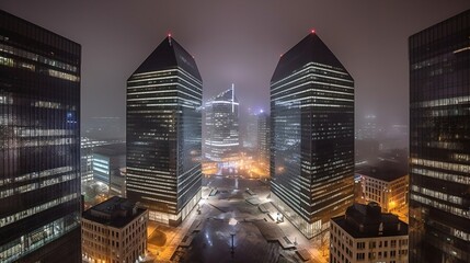 city skyline at night and dusk: "Skyline Symphony" Created using generative AI.
