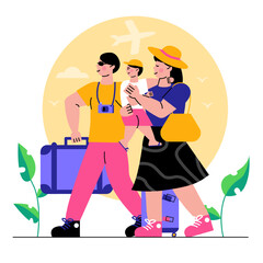 Young family with child came to new city, going to travel in vacations