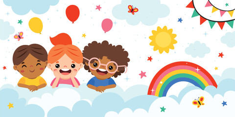 Happy Children On Sky Background