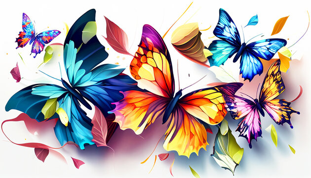 Beautiful abstraction from bright butterflies on a white background