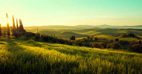 Panorama of sunrise in Val d'Orcia, Tuscany, Italy