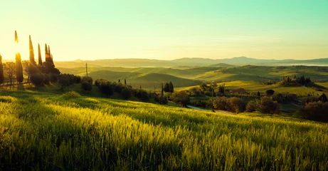 Wall murals Toscane Panorama of sunrise in Val d'Orcia, Tuscany, Italy